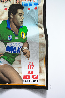 A 1990's Rugby League footy card featuring Andrew Johns with football, crushed and drawn in photorealistic style with Copic Marker