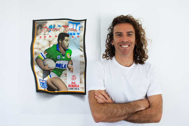 A 1990's Rugby League footy card featuring Andrew Johns with football, crushed and drawn in photorealistic style with Copic Marker