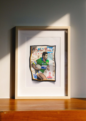 A 1990's Rugby League footy card featuring Andrew Johns with football, crushed and drawn in photorealistic style with Copic Marker