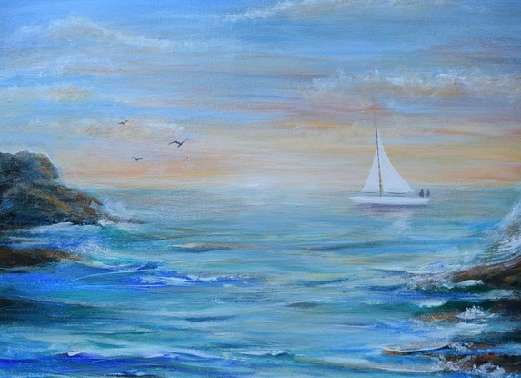 
Ocean Sailing  at days end with peachy  skies,  seagulls coming to rest on the wave splashed rocky outcrops.