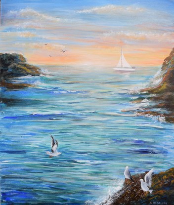 
Ocean Sailing  at days end with peachy  skies,  seagulls coming to rest on the wave splashed rocky outcrops.