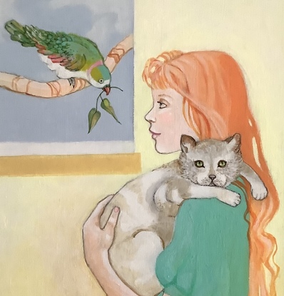 Young girl holding a cat and looking out  the window, at her chirpy friend.