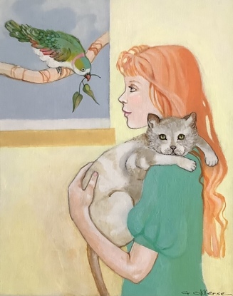 Young girl holding a cat and looking out  the window, at her chirpy friend.