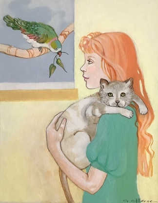 Young girl holding a cat and looking out  the window, at her chirpy friend.