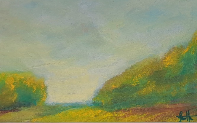 Rural landscape painting Fields of gold and greens at sunset