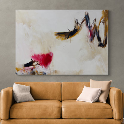 neutral and rich earthy tones from nature of pink, beige, ochre, dark blue, black and white expressive marks across an extra large canvas