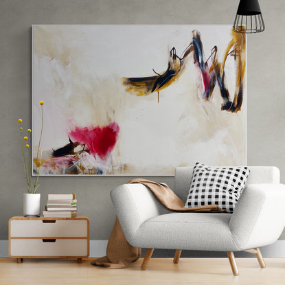 neutral and rich earthy tones from nature of pink, beige, ochre, dark blue, black and white expressive marks across an extra large canvas