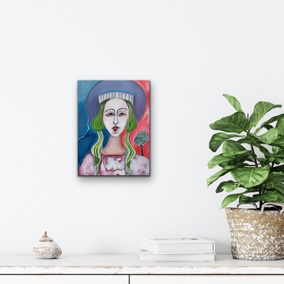 Colorful Italian Madonna with symbolic greens and tree 