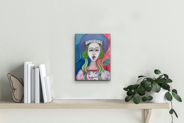 Colorful Italian Madonna with symbolic greens and tree 