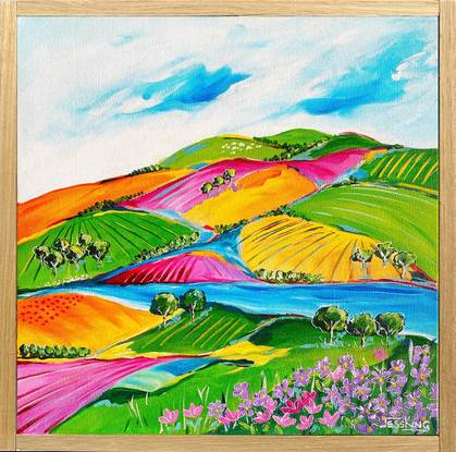 Contemporary, colourful abstract painting of the countryside with rolling hills in spired by a recent trip to Rainbow Beach.