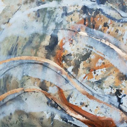 A large painting of a seaweed in a rockpool with metallic copper, ochre, khaki, burnt orange, pale terracotta, beige, black and white.