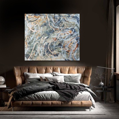 A large painting of a seaweed in a rockpool with metallic copper, ochre, khaki, burnt orange, pale terracotta, beige, black and white.