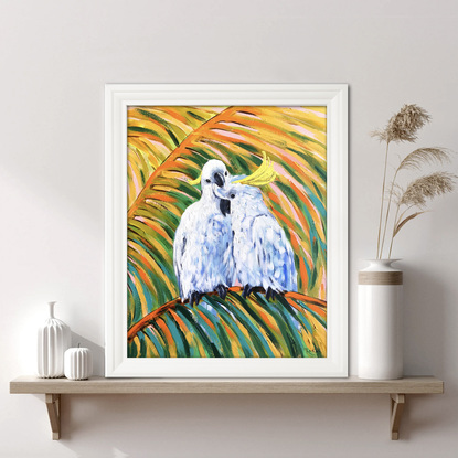 Cockatoo date - Sulphur-crested cockatoo on a golden cane palm, Australian birds original painting by Irina Redine. Framed and ready to hang original artwork.