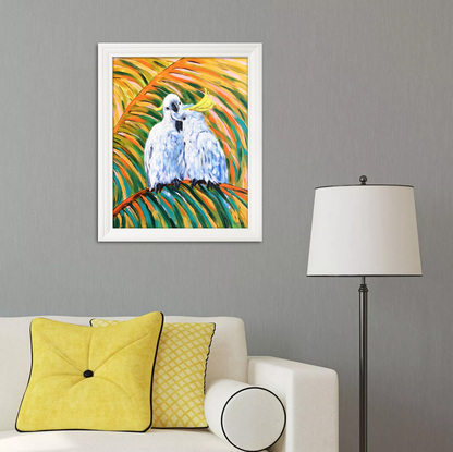 Cockatoo date - Sulphur-crested cockatoo on a golden cane palm, Australian birds original painting by Irina Redine. Framed and ready to hang original artwork.