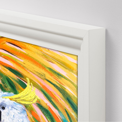 Cockatoo date - Sulphur-crested cockatoo on a golden cane palm, Australian birds original painting by Irina Redine. Framed and ready to hang original artwork.