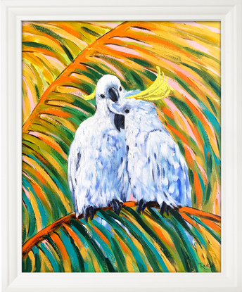 Cockatoo date - Sulphur-crested cockatoo on a golden cane palm, Australian birds original painting by Irina Redine. Framed and ready to hang original artwork.