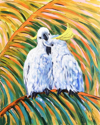 Cockatoo date - Sulphur-crested cockatoo on a golden cane palm, Australian birds original painting by Irina Redine. Framed and ready to hang original artwork.