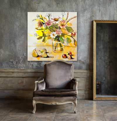 Loosely painted flowers in a jar with pears and nectarines 