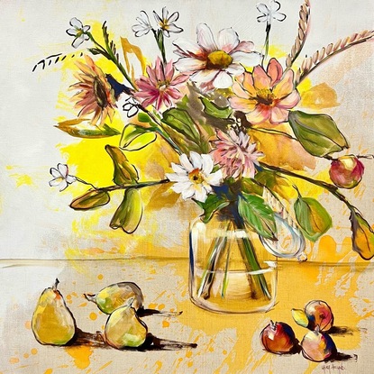 Loosely painted flowers in a jar with pears and nectarines 