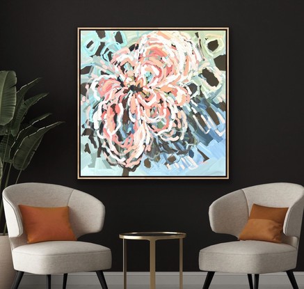 Large Square canvas covered in a big bright apricot and melon and neutral coloured abstracted flower with blue, brown and green abstract foliage shapes chunky paint with visible big brushstrokes.