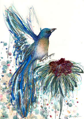 watercolour painting of a Lazuli bunting bird by Sydney artist Leni Kae. From her Animal SPirit series. 