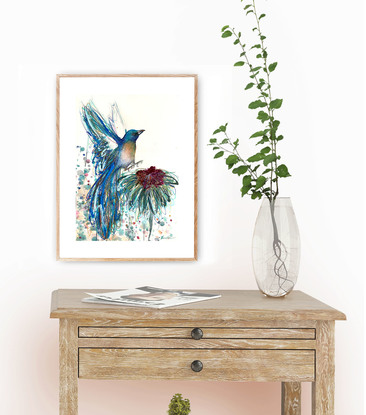 watercolour painting of a Lazuli bunting bird by Sydney artist Leni Kae. From her Animal SPirit series. 