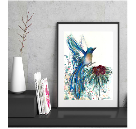 watercolour painting of a Lazuli bunting bird by Sydney artist Leni Kae. From her Animal SPirit series. 