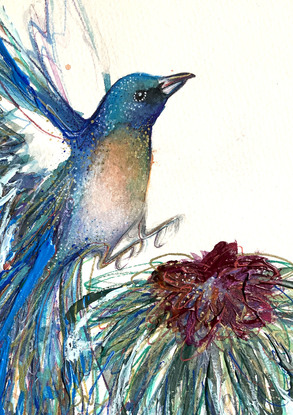 watercolour painting of a Lazuli bunting bird by Sydney artist Leni Kae. From her Animal SPirit series. 