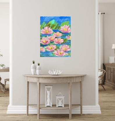 A serene Abstract painting of pink lotus blooms on a pond with green water leaves and blue surroundings. 