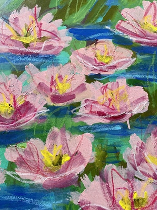 A serene Abstract painting of pink lotus blooms on a pond with green water leaves and blue surroundings. 