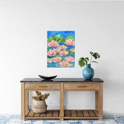 A serene Abstract painting of pink lotus blooms on a pond with green water leaves and blue surroundings. 