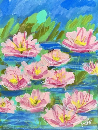 A serene Abstract painting of pink lotus blooms on a pond with green water leaves and blue surroundings. 