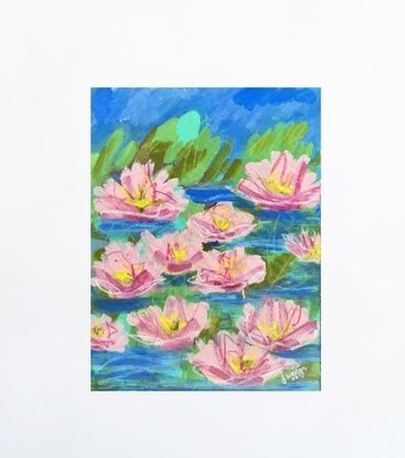 A serene Abstract painting of pink lotus blooms on a pond with green water leaves and blue surroundings. 