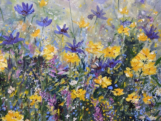 A playful garden of soft purple and yellow buds and flowers growing I. A tangle of leaves and colour. I love the energy of this painting and it seems like you are just waiting for the next butterfly or bee to come a long. It would be the perfect garden for running children 