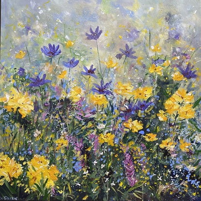 A playful garden of soft purple and yellow buds and flowers growing I. A tangle of leaves and colour. I love the energy of this painting and it seems like you are just waiting for the next butterfly or bee to come a long. It would be the perfect garden for running children 