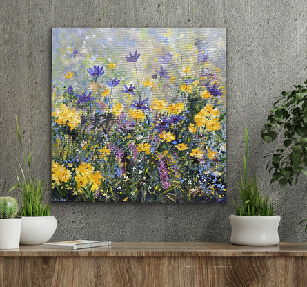 A playful garden of soft purple and yellow buds and flowers growing I. A tangle of leaves and colour. I love the energy of this painting and it seems like you are just waiting for the next butterfly or bee to come a long. It would be the perfect garden for running children 