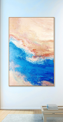 ABSTRACT painting that gives the impression of blue ocean on a  sandy shore.  The intricate mosaic pattern within the tonal blue hues and the glimmeringsandy  metallics adds added interest and intrigue.
The closer you get to the painting the more of the interesting details and patterns you can see. Metallics add an extra depth because the painting changes personality when one views from different angles.