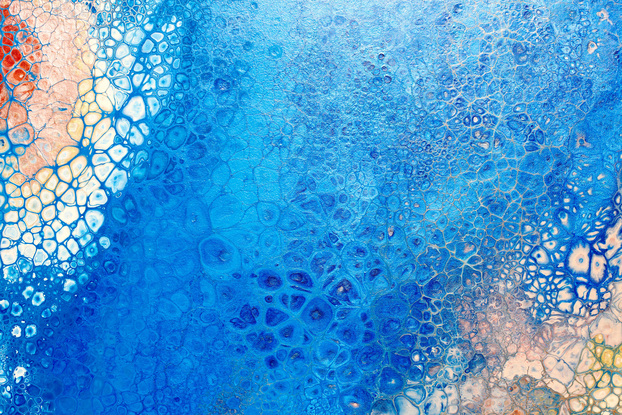 ABSTRACT painting that gives the impression of blue ocean on a  sandy shore.  The intricate mosaic pattern within the tonal blue hues and the glimmeringsandy  metallics adds added interest and intrigue.
The closer you get to the painting the more of the interesting details and patterns you can see. Metallics add an extra depth because the painting changes personality when one views from different angles.