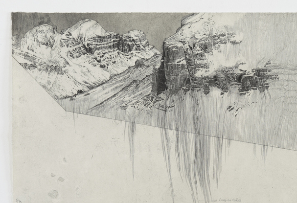 A print of a mountain landscape with abstraction.