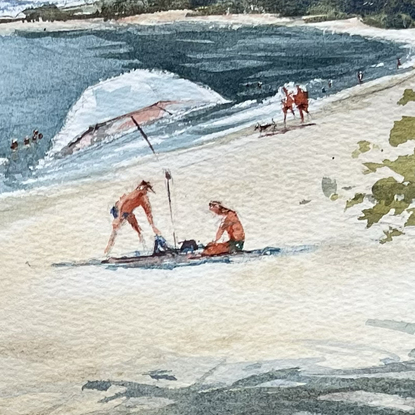 Beach goers enjoying a perfect beach day at Trinity Beach, aqua blue water, sun shining with clouds in the sky and islands in the distance.