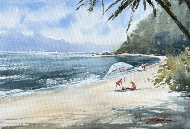 Beach goers enjoying a perfect beach day at Trinity Beach, aqua blue water, sun shining with clouds in the sky and islands in the distance.