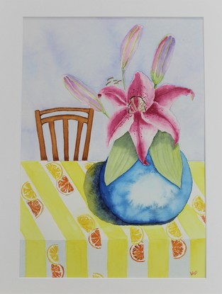 Vibrant pink lilies blooming, in a bright blue vase, contrasting the beautiful yellow citrus table cloth. The subtle blue and purple hues allow the lilies to be the main focus of the artwork.