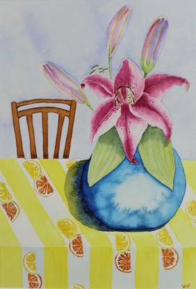 Vibrant pink lilies blooming, in a bright blue vase, contrasting the beautiful yellow citrus table cloth. The subtle blue and purple hues allow the lilies to be the main focus of the artwork.