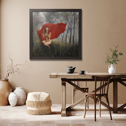 Women with red cape in the Australian bush.