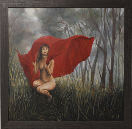 Women with red cape in the Australian bush.