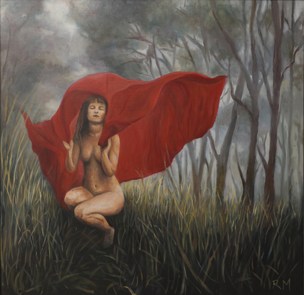 Women with red cape in the Australian bush.