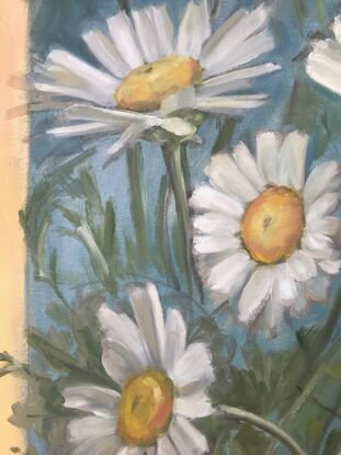 Oversize white daisies in a red pot plant,  on a blue and sienna background 