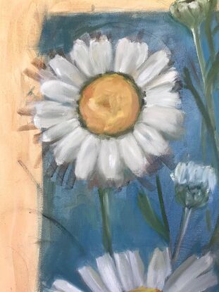 Oversize white daisies in a red pot plant,  on a blue and sienna background 