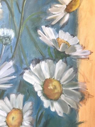 Oversize white daisies in a red pot plant,  on a blue and sienna background 