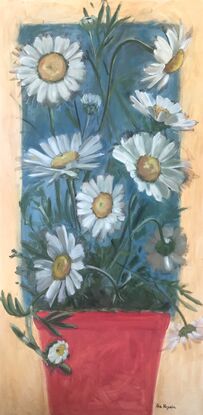 Oversize white daisies in a red pot plant,  on a blue and sienna background 